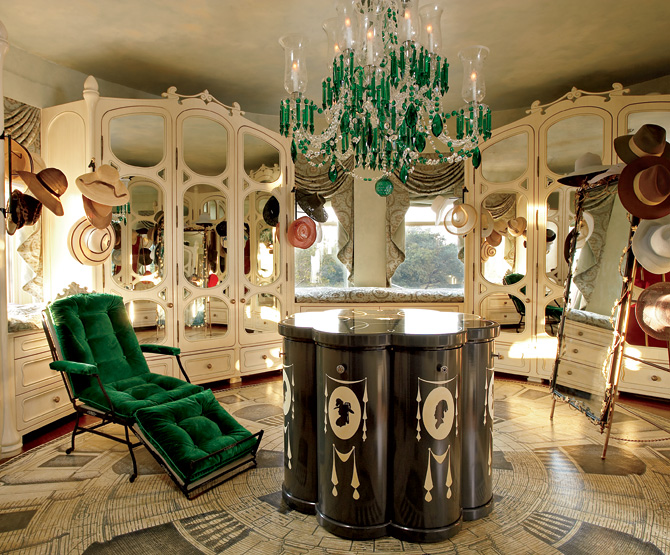 Perfect-Walk-in-Closet-Designs-with-Luxury-Classic-Decoration-with-Beige-Wardrobe-Color-and-Green-Crystal-Ceiling-Light