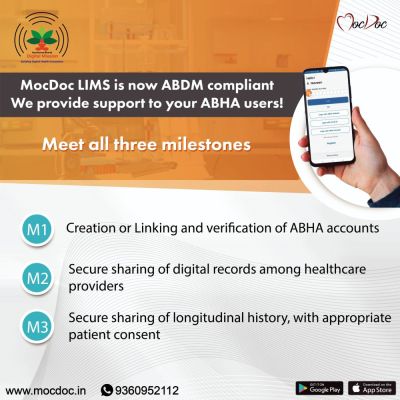 Embrace the use of MocDoc’s extended services for the ABDM. Contact us to enable this feature and see how our LIMS can assist you. Learn More: https://mocdoc.in/util/lab-management-system